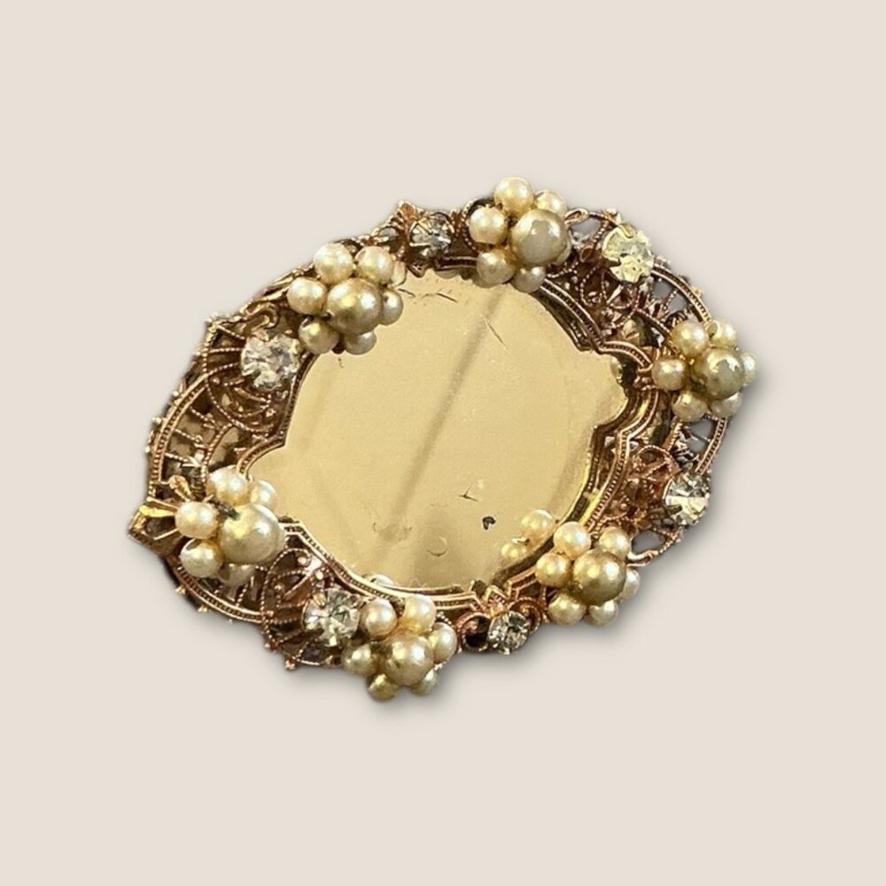 Vintage Gold-Tone Oval Mirror Ring With Seed Bead Pearl & Crystal Accents
